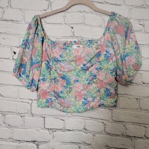 Twik par Simons Womens Floral Ruched Puff Sleeve Crop Top Cottagecore Smocked  S